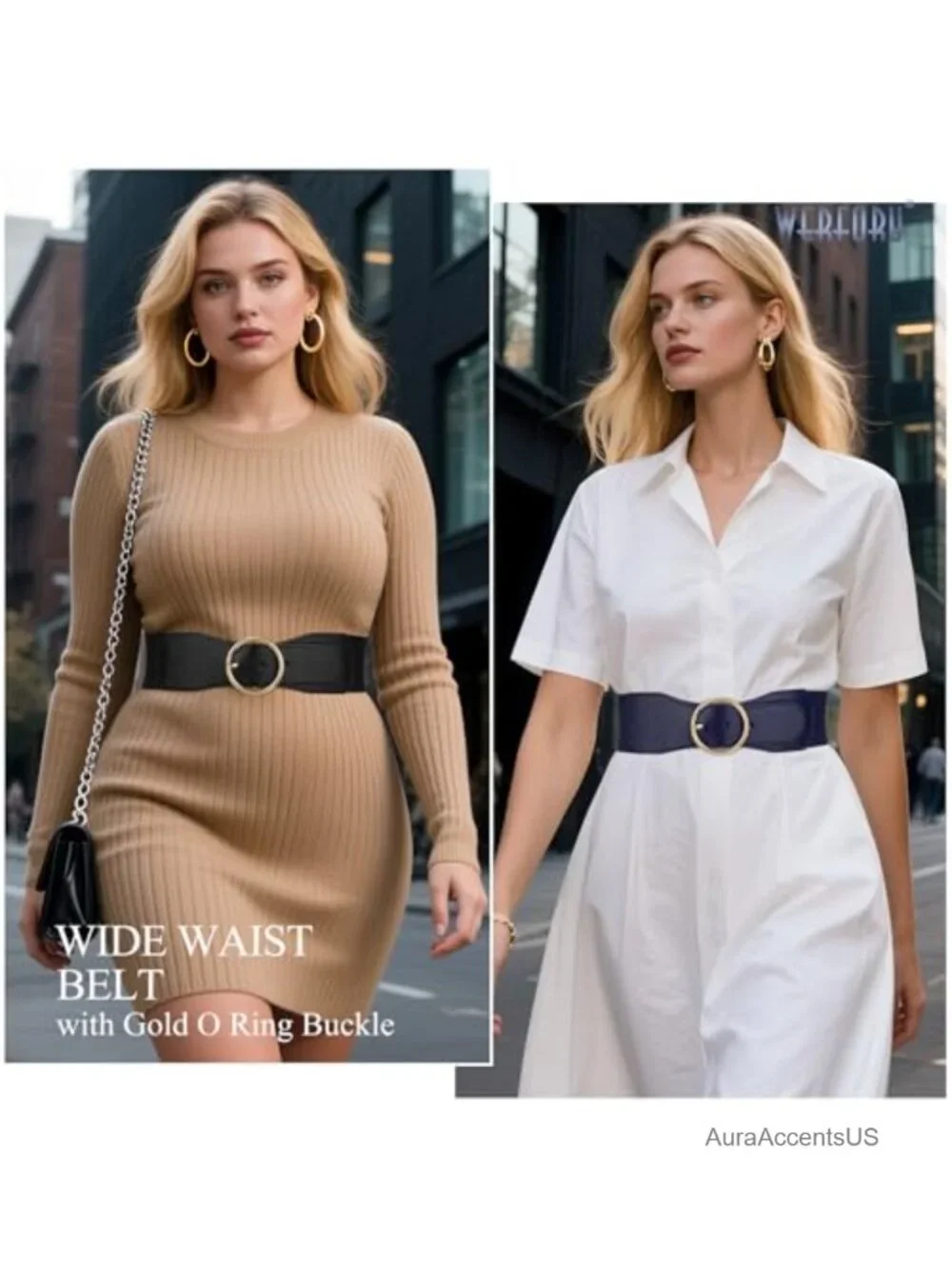 Women Elastic Stretchy Wide Belt with Gold O Ring Buckle